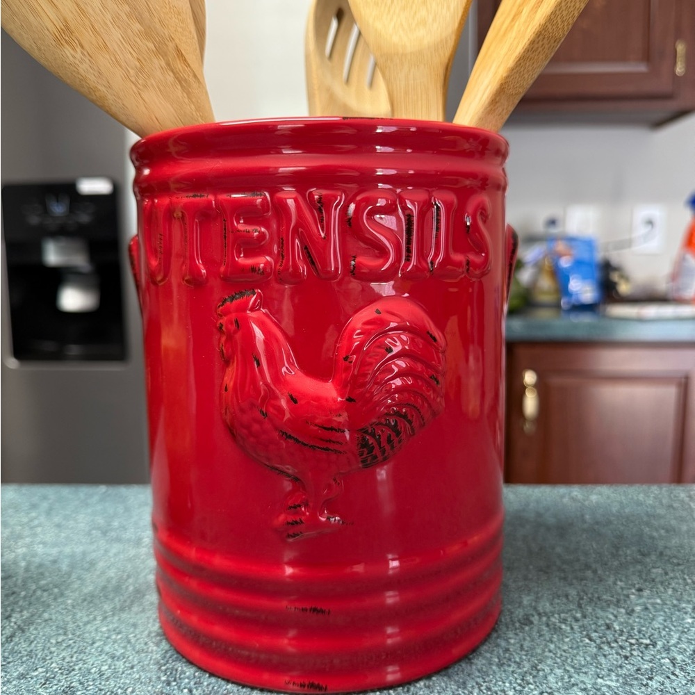 Home Essentials Red Utensil Holder with Wooden Spoons